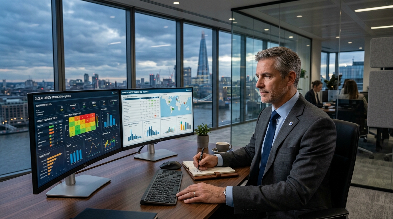 International safety director in London reviewing remote project assurance dashboards